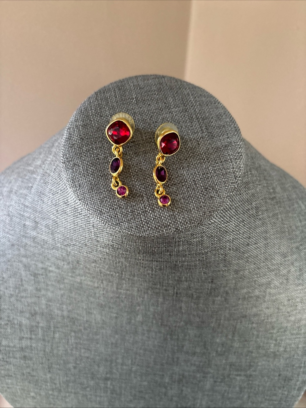 VINTAGE Swarovski Gold-Tone Drop Earrings with Red and Pink Stones